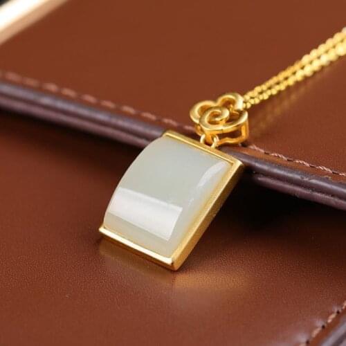 Natural Hetian white jade geometric Square Pendant Necklace Chinese style retro uneven surface creative womens Christmas gift