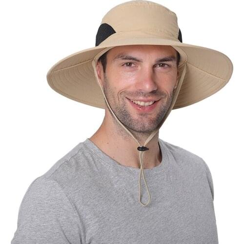 Men Hat Fisherman With String Summer Sun Bucket Hat Wide Brim Climbing Holiday UV Protection Breathable Cap Outdoor Accessory