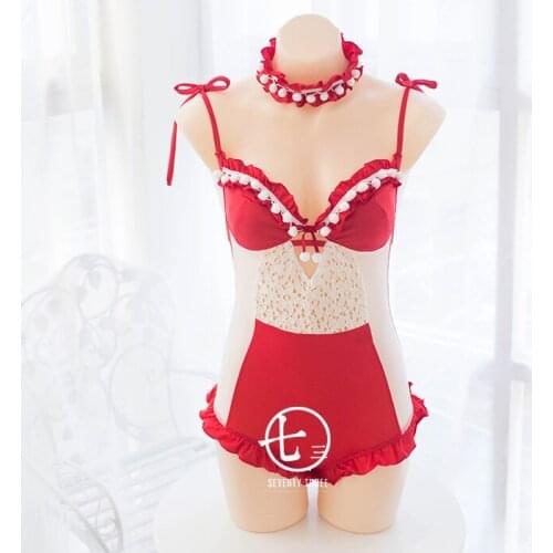 Christmas & New Year Red Night Sexy Womens Bodysuit White Fur Balls Kawaii Suspender Cute Exotic Apparel