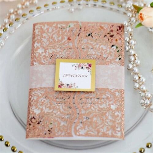 Rose Gold Lace Invitation Card Semi-Transparent Belly Customized Printing Wedding Birthday Party Invites 50 Sets