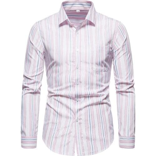 Casual Men Shirt Fashion Spring SummerCotton Long Sleeve Striped Slim Fit Stand Collar men Shirts