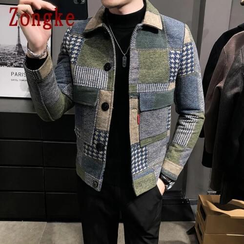 Zongke Woolen Plaid Bomber Winter Jacket Men 2021 Japanese Streetwear Men Jacket Winter Jackets For Men Brand Coat M-3XL