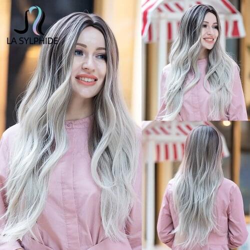 La Sylphide Synthetic Wig Long Natural Wave Gray Brown Ombre Ash Gray Blonde Middle Part Wigs for Woman Heat Resistant Hair Wig