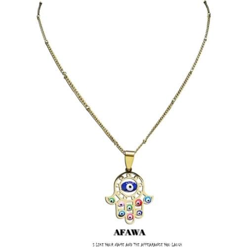 Stainless Steel Colorful Turkey Eyes Hamsa Hand Necklaces Gold Color Islam Necklaces Jewelry collier main de fatma N5219S04