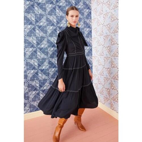 INS Ull* Johnso* 100% viscose leg-of-mutton sleeve diagonal collar bright line long dress