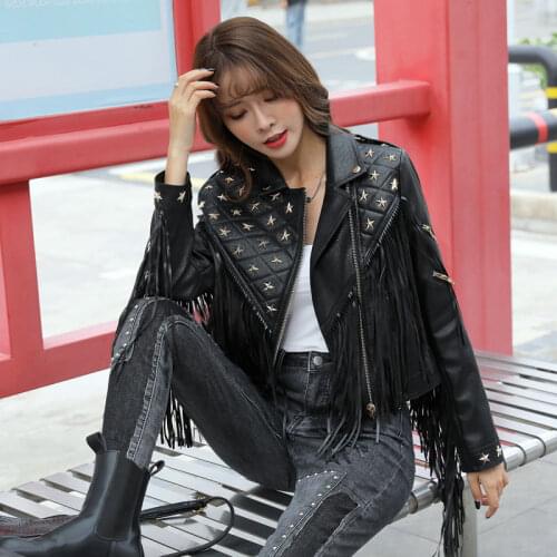 2021 Spring New Fashion Brand Autumn Winter Rivets Fringed Womens PU Leather Jackets Chaqueta De Cuero Motorcycle Short Coat