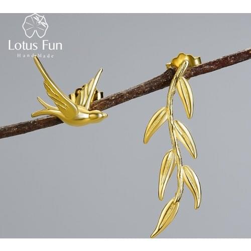 Lotus Fun Luxury 18K Gold Swallow Willow Branch Asymmetrical Unusual Dangle Earrings For Women 925 Sterling Silver Jewelry 2021