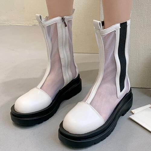 Rimocy Women Breathable Mesh Ankle Boots 2021 Patchwork Pu Leather Platform Mid Calf Boots Woman Thick Heel Hollow Out Botas