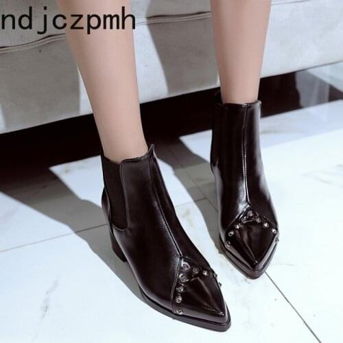 Ankle Boots The New Winter Fashion Color Matching Pointed Rivet Thick Heel Mid Heel Short Tube Women Shoes Plus Size 32-48