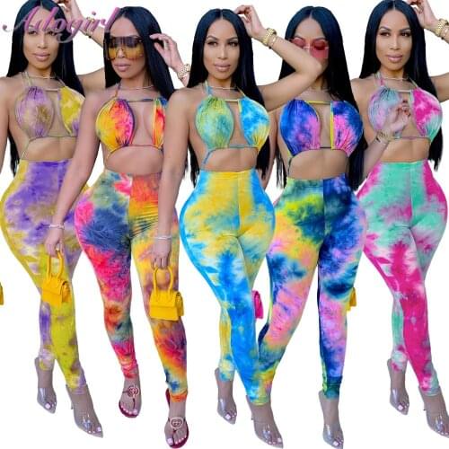 Sexy Tie Dye Print Halter Neck Backless Bandage Night Party Club Jumpsuit Women Summer Hollow Out Outfit Rompers Street Overalls