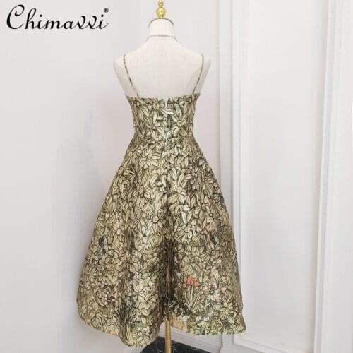 2021 Summer Women Vintage Leaves Animal Letters Printed Long Dress Waist-Slimming Thin Strap Sleeveless Green Dress