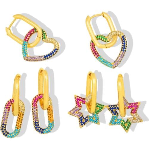 Gold Filled CZ Zircon Love Heart Earrings Women Trendy Style Huggie Jewelry Cubic Zirconia Star Earrings Gothic aretes arcoiris