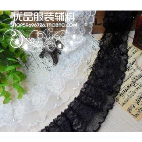 3 Yard/Lot White Black chiffon beads double layer natural creases lace trim diy clothes accessory decoration fabric 5cm wide