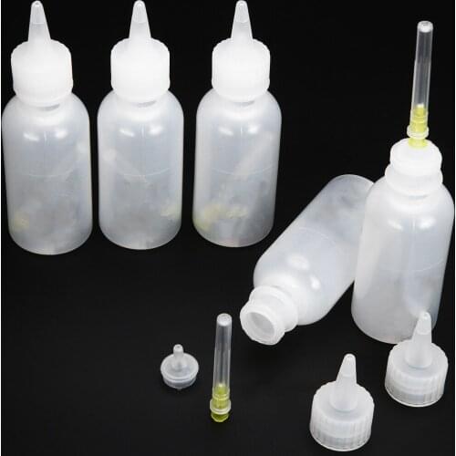 5pcs/lot 50ml Plastic Clear Liquid Bottle Squeeze Transparent Refillable Bottles with Needles for Rosin Solder Flux Paste