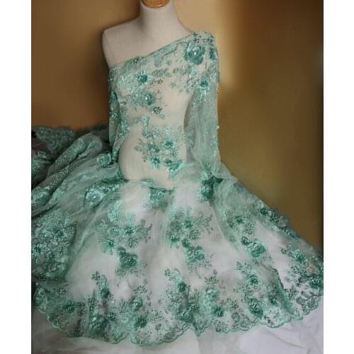 5 yards green 3D beads floral lace fabric, mint green 3D flowers embroidered lace fabric for bridal wedding fabrics