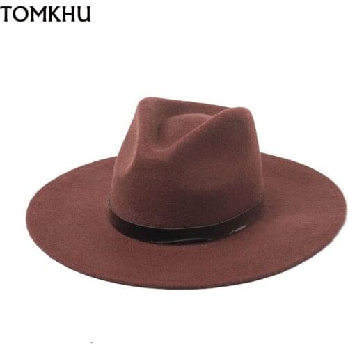 Classical Pure Wool Felt Hat For Female Wide Brim Fedora Hat Simple PU Leather Band Fall Winter Hat Black Derby Sombrero Mujer