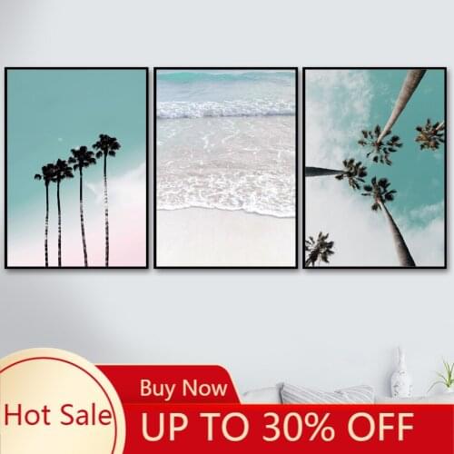 Coconut Palm Tree Pink Beach Sea Umbrella Wall Art Canvas Painting Nordic Posters And Prints Wall Pictures For Living Room Decor