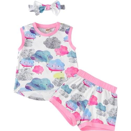 3pcs Summer Lovely Infant Toddler Baby Girls Clothes Set Clouds Printed Sleeveless Tops and Shorts Headband 0-18 Month