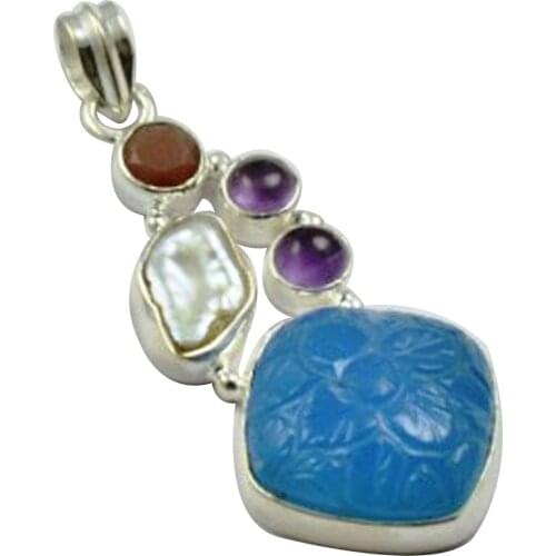 Lovegem Nature Carved -Chaceldony & Amethyst Pendant 925 Sterling Silver , 46.5 mm, MHBAP4705