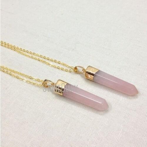 H-QN87 Healing Crystal Pillar Rose Quartzs Hexagon Point Necklace Silver or Gold Color Approx 40mmx10mm