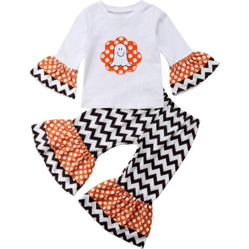 2018 New Halloween Clothes Children Baby Girl Long Sleeve Ruffles T-shirt Tops+Flared Pant Bell-bottom 2PCS Kids Clothing Set