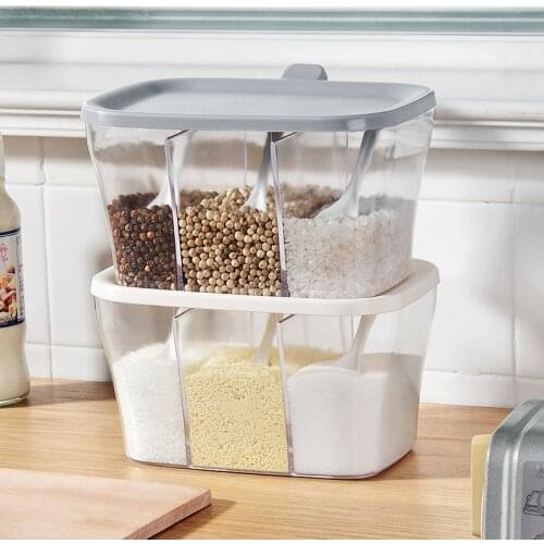 Plastic Stackable Seasoning Box Spice Rack 3 Gird Spice Jars with Lid and Spoon Container Box For Salt Sugar Pepper SP58099