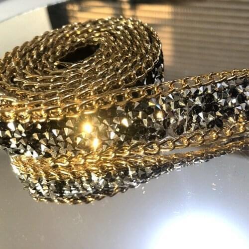 Prajna Golden chain with silver rhinestones Chain Hot Fix Motif 1Yard 2cm Rhinestone Clothes shoes backpack wedding accessories