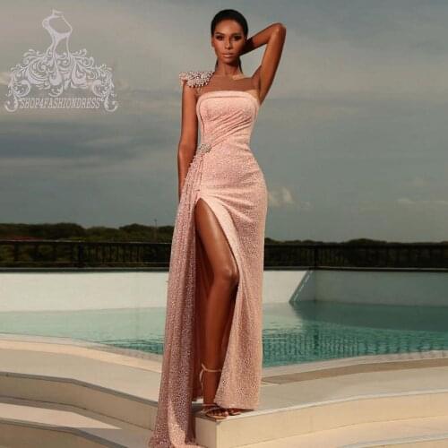 Blus Pink Sequins Beaded Evening Dresses Side Split Modern Plears Prom Party Gowns Fashion Evening Gowns Vestido De Noche