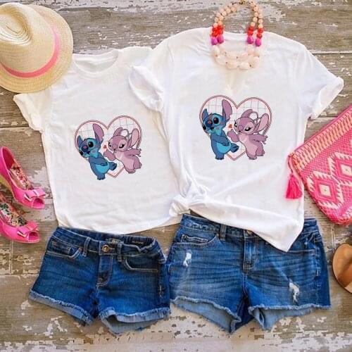 Disney Lilo & Stitch Mother and Daughter Clothes Harajuku Casual Tshirt Round Neck Matching Couple Outfits Childrens T-shirt