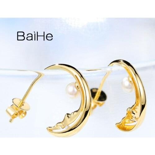 BAIHE Solid 14K Yellow Gold 3.5-4mm Round pearls 0.006ct H/SI Diamonds Stud Earrings Women серьги Trendy Fine Jewelry сережки