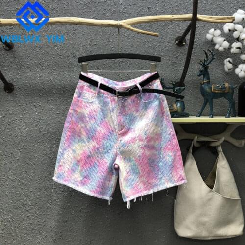 Tie dye Denim Shorts Women Pocket Fashion Sequins Loose High Waist Knee Length Shorts Jeans Female Summer Straight Jeans Shorts