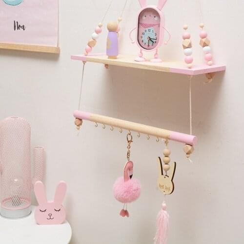 Nordic Wall Hanging Decorative Shelf Creative Children Room Colorful Home Furnishing Wood Storage Holders Octagonal Beads Hooks