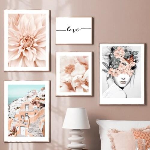 Peony Chrysanthemum Butterfly Girl Santorini Nordic Posters And Prints Wall Art Canvas Painting Wall Pictures For Bedroom Decor