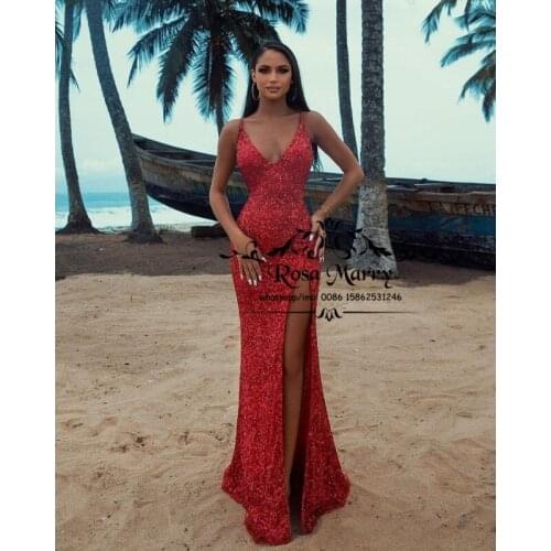 Sexy Red Mermaid Long Evening Dresses 2021 Deep V Neck High Split Vestidos De Graduación Cheap Pageant Formal Prom Party Gowns