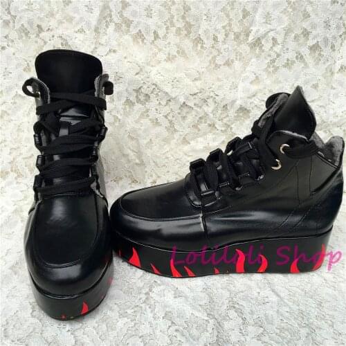 Princess punk lolita Lolilloliyoyo antaina Japanese design custom flat platform shoes with black bright skin and fire an5215-1
