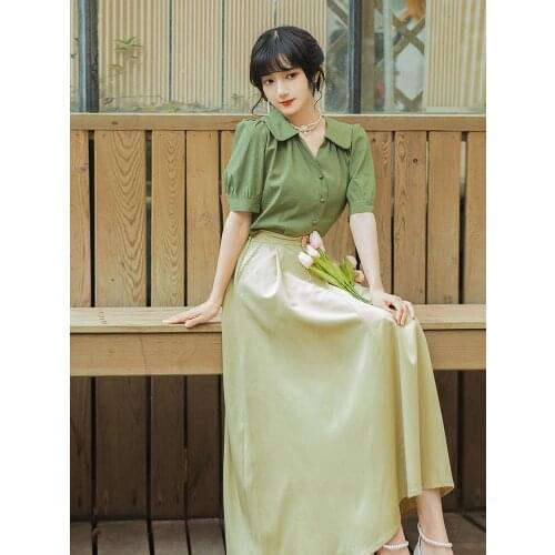 Hong Kong Style Retro Two Piece Set Women Summer Lapel V-shaped Vintage Shirt + High Waist Literary Skirt Elegant