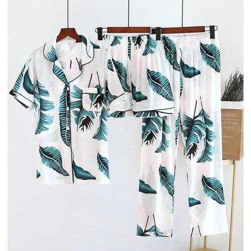 Womens Spring and Summer Cotton Pajama Set Women Three-piece Short Sleeve + Shorts + Trousers Soft and Comfortable Homewear