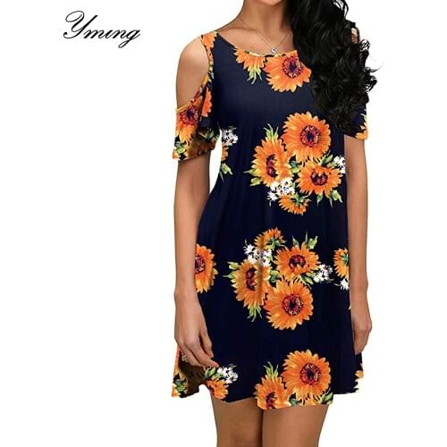YMING Summer Boho Women Dress Floral Print Off Shoulder Office Dresses Party Beach Dress Casual Vestidos Black White Sundress
