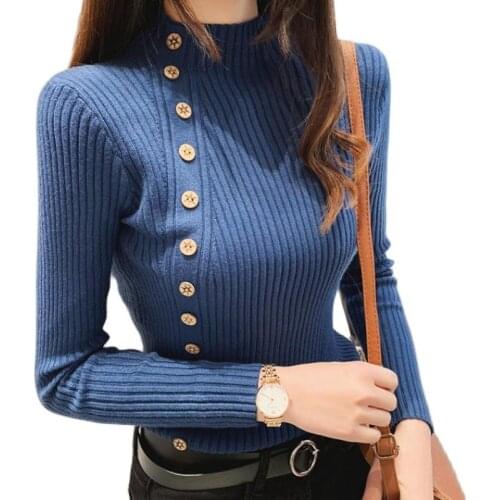 Winter Ribbed Button Women Pullovers Cotton Long sleeve Schoolgirl turtleneck Sweaters Autumn Soft comfortable stretch Jumpers