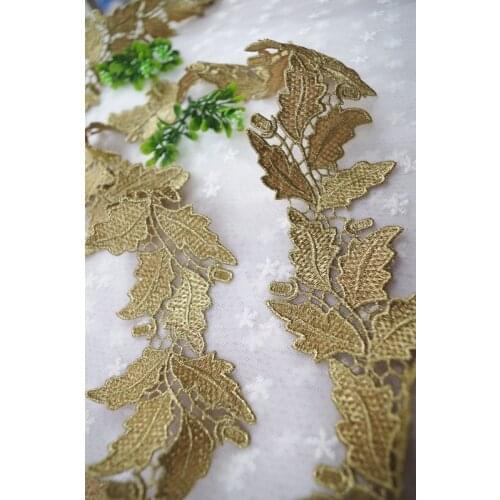 10 Yards Gold Crochet Lace Trim With Floral Leaves, Golden Venise Lace Trim by the yard, GT033