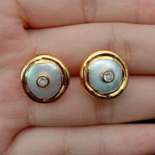 16mm White Coin Freshwater Pearl 24K Gold filled Clear Cz Stud Earrings