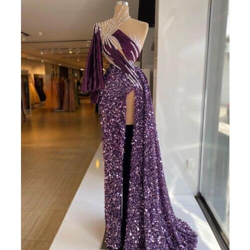 2021 Arabic Purple Split Prom Dresses Luxury Beading Sequined High Neck Long Sleeve Women Plus Size Formal Evening Gowns