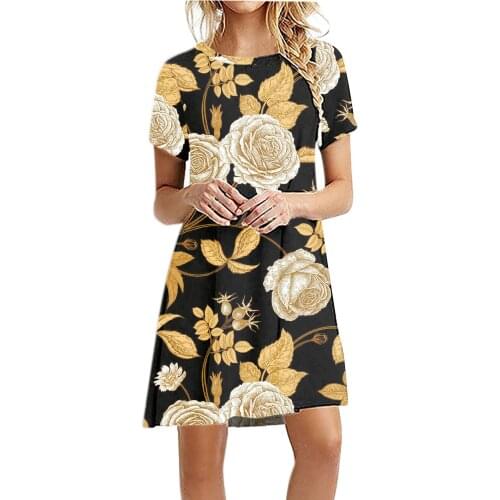 40# Floral Printed Casual Dress O-neck Short Sleeve Vintage Dresses For Women 2021 Office Lady Elegant Summer Dress Vestidos