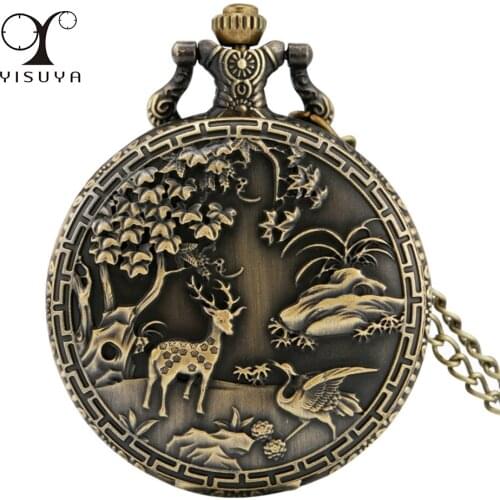 Antique Bronze Little Deer Necklace Pocket Watch Arabic Numerals Dial Vintage Full Hunter Pendant Pocket Clock Gifts Men Women