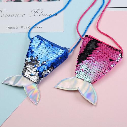 Girls Kids Children Mermaid Tail Crossbody Bags Coin Purse Wallet Card Zipper Holder Storage Blue Green Pink Purple Red