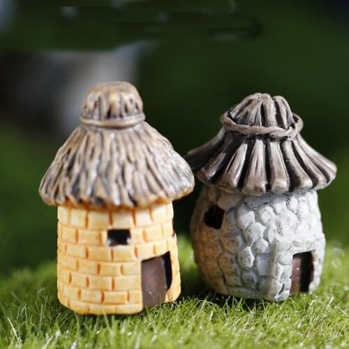 2PCS Village House Figure Cottage Decor Mini Fairy Garden Micro Landscape Fish Tank Animals Statue Resin Miniature Ornaments