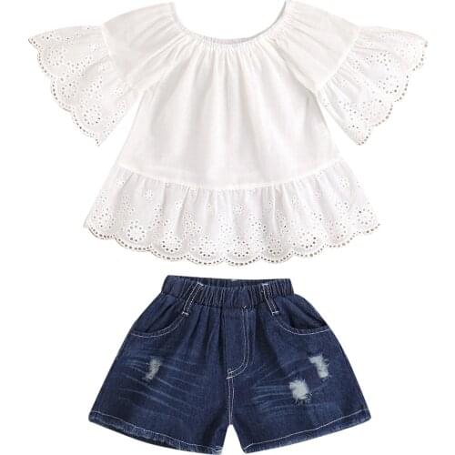FOCUSNORM 1-7Y Summer Lovely Kids Girls Clothes Sets 2pcs Lace Flare Sleeve Dress Tops Blue Denim Shorts