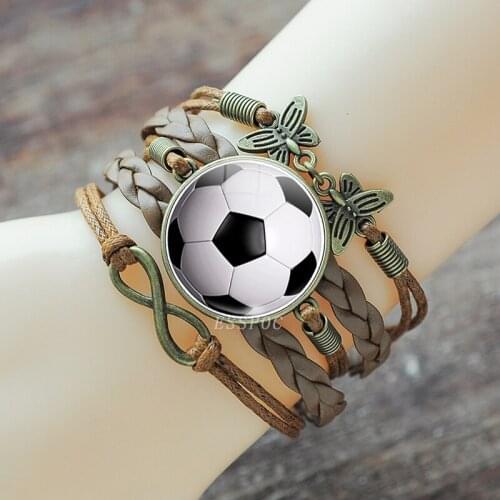 Soccer Woven Bracelet Football Glass Cabochon Punk Jewelry France Brazil Russia Flag Bracelet Men Women