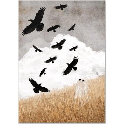 HD Printed Ghost and Crows Canvas Painting Wall Art Field Pictures Home Decor Bedroom Bedside Background Modular Cartoon Poster