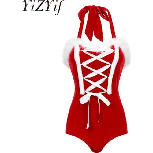 Rompers Women Flannel Front Lace Up Jumpsuit Sleeveless Faux Fur Trimming Sexy Lingerie Bodysuit Christmas Party Cosplay Costume